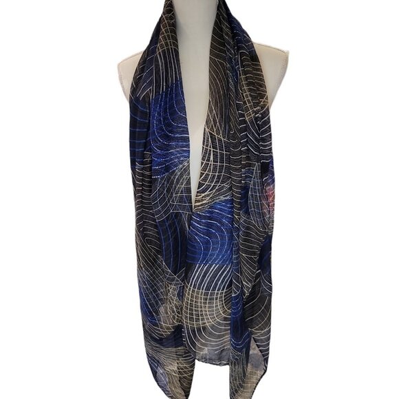 Blue and Cream Oversized Abstract Print Scarf - Picture 3 of 6